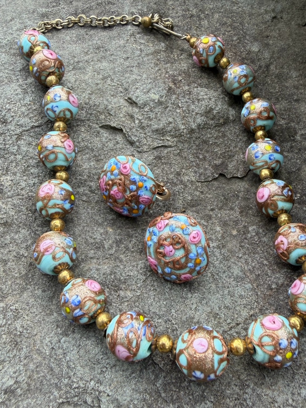Vintage Italian Murano Glass Wedding Cake Gold Blue Necklace Earrings Set